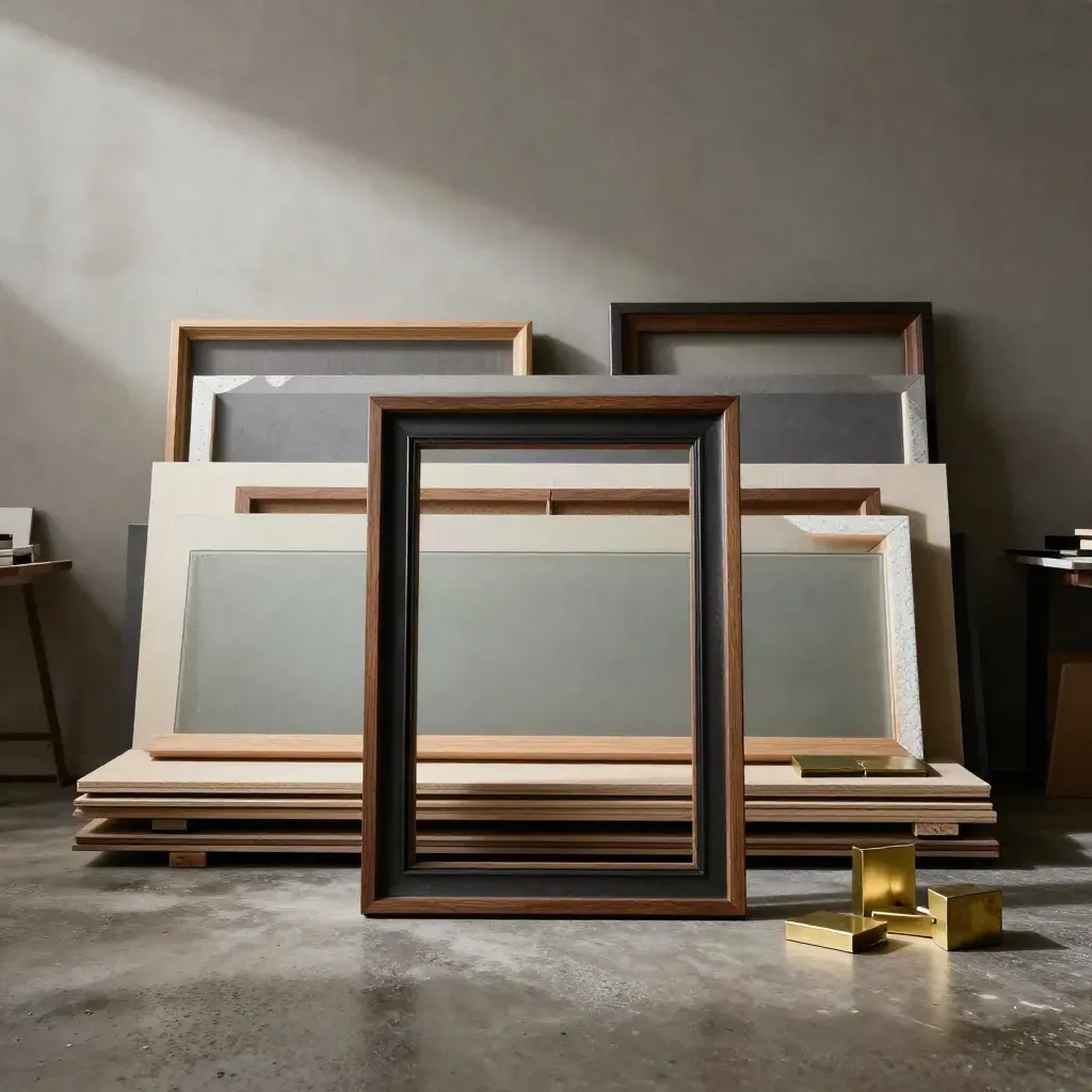 Framing studio tableau with walnut frames, glass, moulding and brass samples in moody light