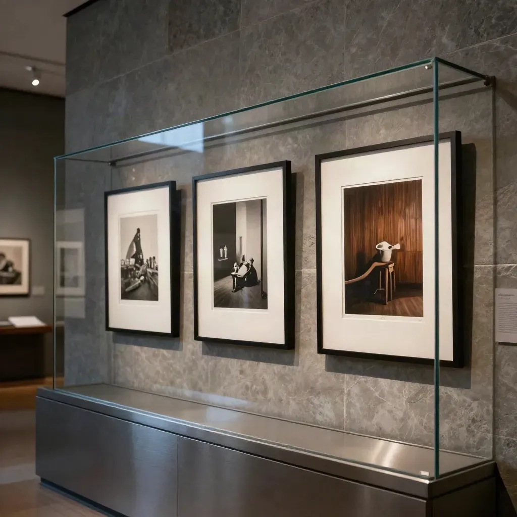 Framed archival prints under conservation glass in a quiet museum wall display, lit by track lights.