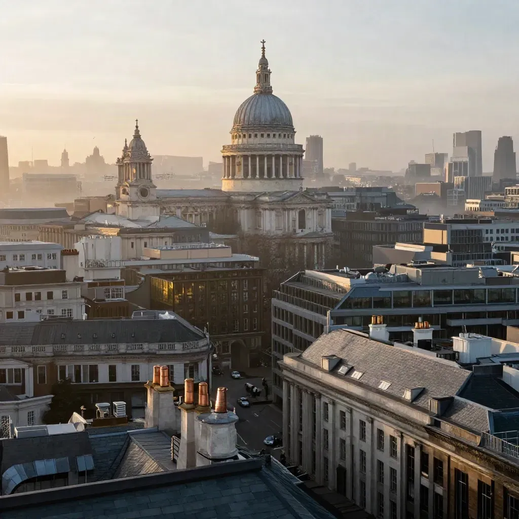 St Paul’s dome over Thames haze and slate rooftops at dawn
